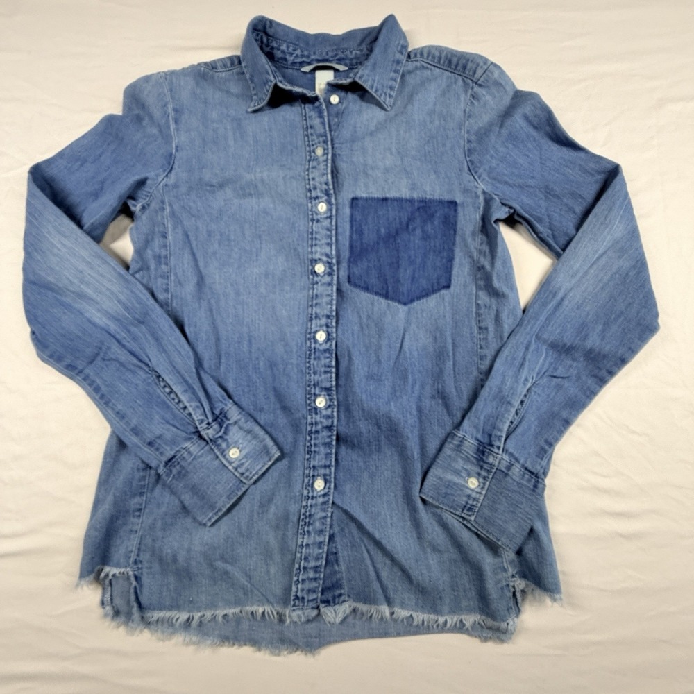 Denim Button Up Shirt Women's 4 Blue Jean Top Collared Long Sleeve Raw Hem HM